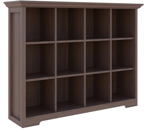 OSCHF Bücherregal mit 12 Fächern, 3-stöckigem Regal mit Sockel, Walnuss | Geschwungener Sockel, Kranzleiste, modernes Bücherregal für Wohnzimmer, Schlafzimmer, Homeoffice und TV-Stauraum