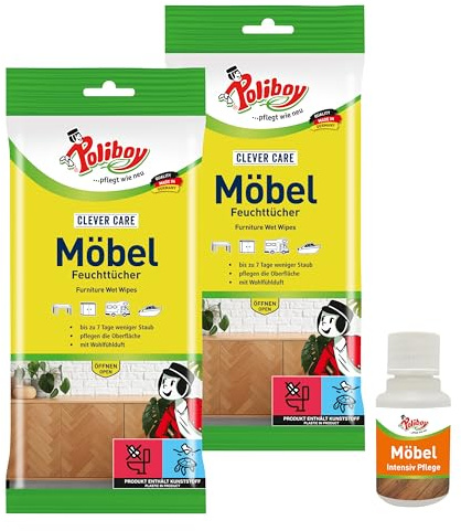 POLIBOY Möbel Feuchttücher - Staubtücher für alle Oberflächen, Holz, Kunststoff, Metall - Allzweckfeuchttücher für den Haushalt - 2x 24 Tücher - Mit Möbelprobe - Made in Germany