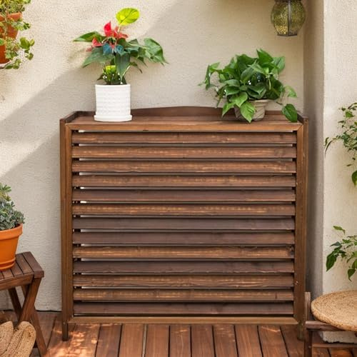 Klimaanlage Abdeckung Außengerät Massivholz Sichtschutz Balkon Holz Wärmepumpe Abdeckung Anti-Korrosion Blumenständer Für Draußen Gartenregal Wetterfest Für Gärten Veranden Innenhöfe(110x50x85cm)