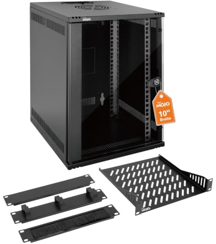 Tecmojo 10 Pollici 9U Armadio di Rete, Profondità 330mm, per Montaggio a Parete, con Ripiano Rack, Ingresso Cavo Spazzola, Organizzatore di Cavi,Portata 50kg, Porta in Vetro,Nero