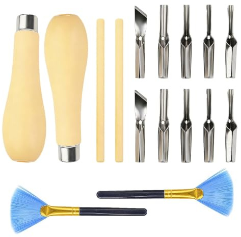 JOVIA 16 Pcs Lino Cutter, Engraving and Stamp Lino Cutting Tools with 2 Cleaning Brushes Non-Slip Ergonomic Handles for Linoleum Block Printing Wood Carving Stamp Carving and Craft Projects