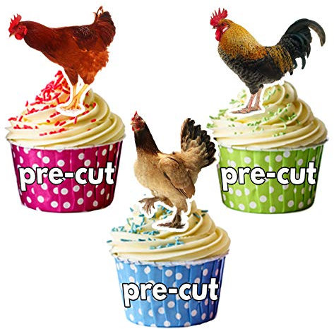AK Giftshop PRE-CUT Farm Animals Chicken Mix - Edible Cupcake Toppers/Cake Decorations (Pack of 12)