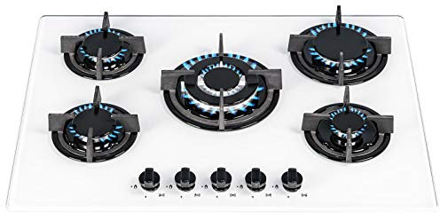 SIA GHG703WH 70cm White Glass 5 Burner Gas Hob With Iron Pan Stands & Wok Burner