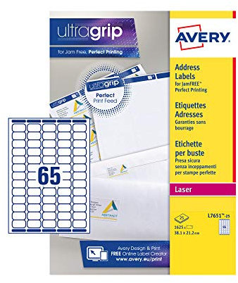 Avery Zweckform L7651-25 Adressetiketten/Adressaufkleber (mit ultragrip, 38,1 x 21,2 mm auf DIN A4, bedruckbar, selbstklebend, ideal als Absenderetiketten, 1.625 Etiketten auf 25 Blatt) weiß