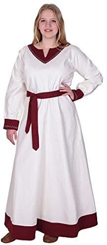 Battle-Merchant Langarm Mittelalter Kleid Jona mit Gürtel für Damen aus Baumwolle | LARP Wikingerkleid als Verkleidung und Kostüm (Natur/Weinrot, L)