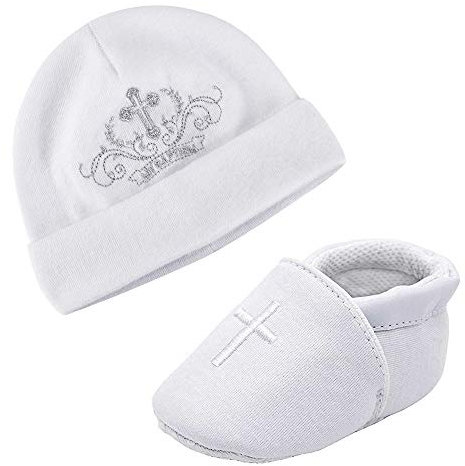 LACOFIA Scarpe da Battesimo con Suola Morbida Antiscivolo per Bambina con Cappello Ricamato neonata Bianco 0-3 Mesi