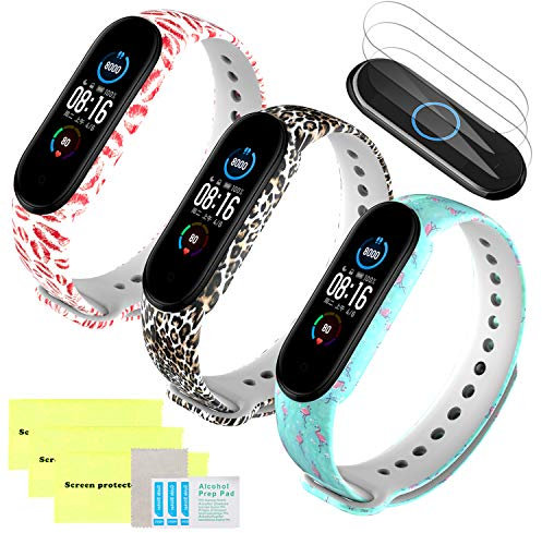 Mi-Case Correa de Silicona Compatible para Xiaomi Mi Band 6 / Mi Band 5 + [3Pack] Protector de Pantalla, Ajustable Banda Repuesto Pulsera Compatible para Xiaomi Mi Band 6-3 Pcs Serie Flamingo
