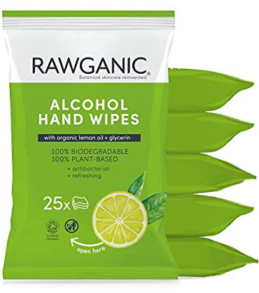 Rawganic Alcohol Hand Wipes, Biodegradable Organic Cotton Hand Wipes | with Glycerin and Lemon Oil | 6 Packs (150 wipes in total)