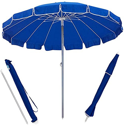 BAKAJI Sombrilla antiviento para playa, jardín, diámetro 220 cm, con poste de aluminio de 32 mm, estructura de 16 varillas de fibra de vidrio y revestimiento de tela de poliéster, 200 g, anti UV