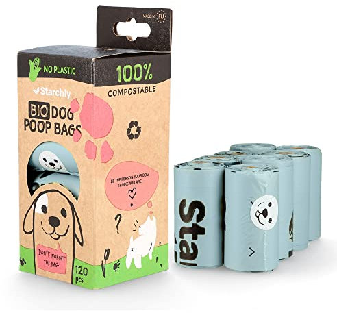 Starchly Kompostierbare Kotbeutel für Hundekot, umweltfreundlich, auslaufsicher, Materialien auf Stärkebasis, 120 Beutel (8 Rollen mit je 15 Stück), Blau