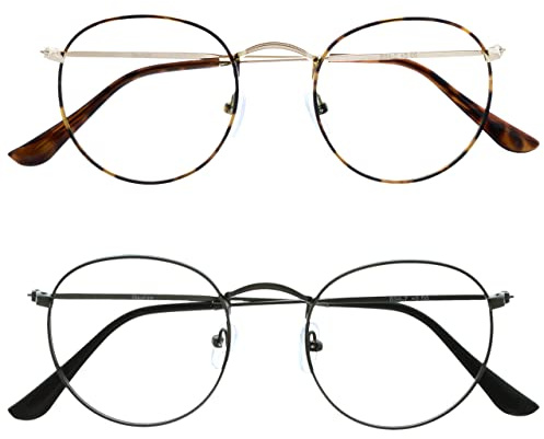OPULIZE Sol - Reading Glasses with Blue Light Blocking 2 Pack Round Metal Retro Improve Sleep Reduce Headache Computer Glasses Gaming Anti-Reflective Brown Matt Gunmetal Mens Womens BB94-27 +2.50