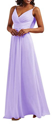 Vestidos de dama de honor de gasa fuera del hombro sin mangas correas de espagueti doble cuello en V largo dama de honor vestidos una línea, Lila, 48