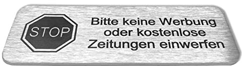 69home Briefkastenschild Bitte keine Werbung - Hinweisschild klein mit Gravur aus Edelstahl gebürstet - 85 x 30 mm - Premiumqualität - selbstklebend & rostfrei