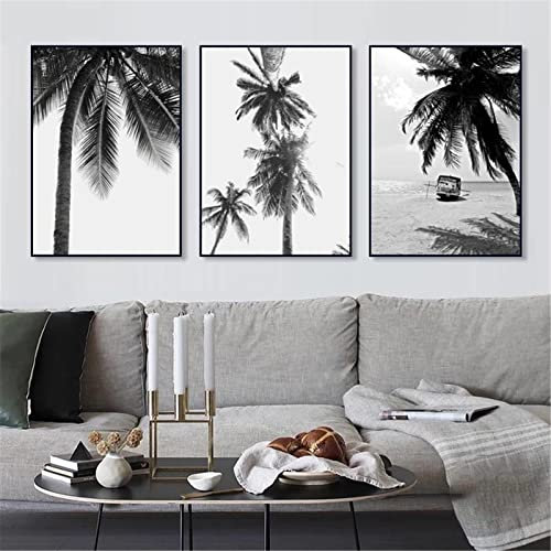CULASIGN 3er Poster Set Palmen Schwarz Weiß Strandlandschaft, Moderne Bilder Set, Wandbilder OHNE Rahmen, Home Deko für Schlafzimmer und Wohnzimmer (21x30cm)