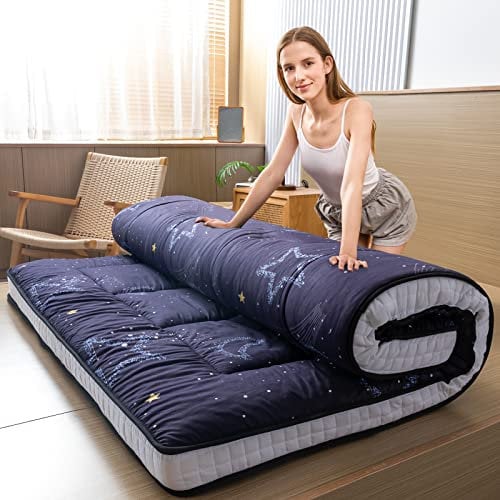 MAXYOYO Futon Matratze, Gepolsterte Japanische Bodenmatratze Gesteppte Bett Matratzenauflage, Extra Dicke Faltbare Isomatte Atmungsaktive Bodenliege Gästebett (Mond und Sterne, 90 x 190 cm)