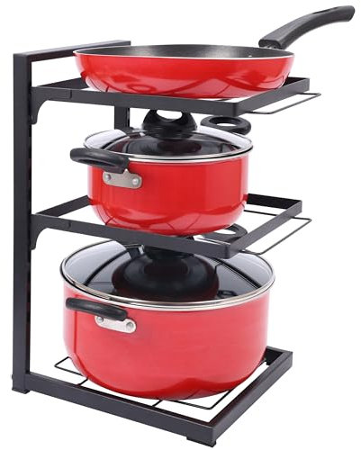 BELLE VOUS Organizador de Tapas Ollas y Sartenes de 3 Niveles - Estante Ajustable de Almacenamiento y Soporte Separador de Menaje para Armario Alacena Cajon o Encimera de Cocina