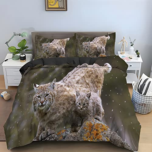 Bettwäsche 135x200 DunkelgrüNer Luchs Bettwäsche-Sets Katze Bettwäsche 3 Teiliges Set mit Reißverschluss - Atmungsaktiv Weich Bequem Mikrofaser Bettbezug + 2 Kissenbezug 80x80 cm