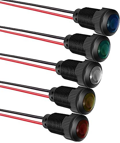 Gebildet 5Stück LED-Kunststoff-Kontrollleuchte, AC/DC 12-24V, Montagelochgröße 12mm (Rot/Orange/Blau/Grün/Weiß)