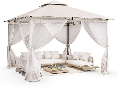 UDPATIO Pavillon 3,35x3,35m Wasserdicht Stabil Winterfest, Gartenpavillon mit Doppeldach, Moskitonetz und Metallrahmen, Doppeldach Gartenlaube für Garten, Terrassen (Creme)