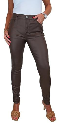 icecoolfashion Women's High Waist Stretch Leather Look Jeans Ladies Skinny Coated Jean Trousers with Pockets Brown 10-22 (20)