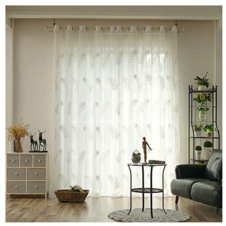 KnSam Lot de 2 Rideaux Voilage Broderie Plume Semi-Transparent, 2 x 107x147cm, Rideaux pour Chambre Salon Oeillets, Coton Lin, Blanc