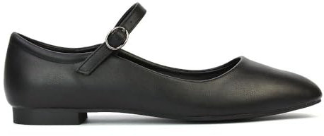 ESSEX GLAM Womens Mary Jane Ballet Shoes Ladies Flats Buckle Strap Square Toe Black Synthetic Leather Dolly Pumps Size 7