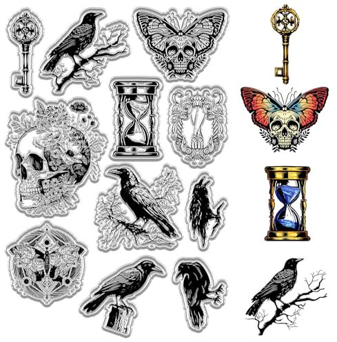 craspire Krähe Durchsichtige Gummistempel, Totenkopf, Motten, Blumen, Totenköpfe, Sanduhrschlüssel, Gothic-Vintage-Stil, Transparente Silikon-Stempelsiegel Für Journaling, Kartenherstellung