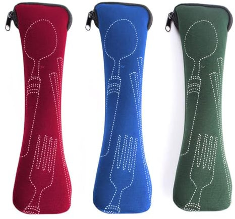 YUUSIKCO 3 Piezas Bolsa para Cubiertos Portátil, Cubiertos para Llevar,Porta Cubiertos,Porta Cubiertos para Llevar al Trabajo,con Cremallera, de Neopreno, para Camping, Picnic, Escuela, Almuerzo