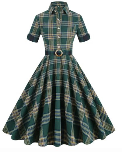 Robe Jupe Large à Coutures écossaises-Carreaux Verts et Jaunes-S