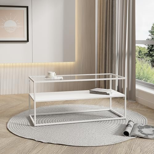 [en.casa] Mesa de Centro Solund Rectangular con 1 Estante Diseño Industrial Mesa Baja para Salón Sala de Espera Tablero de Cristal Templado Acero 102 x 43 x 46 cm - Blanco Mate