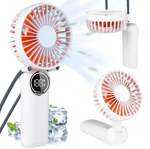 LtYioe Ventilador portátil de mano, mini ventilador de escritorio recargable con pantalla LED, ventilador personal plegable de 180° con cordón como ventilador de cuello, viento fuerte y 6 velocidades
