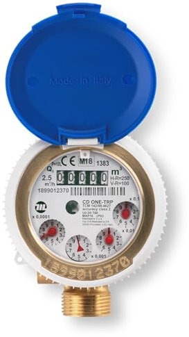 CONTATORE ACQUA FREDDA DN15 (1/2) - PRODOTTO IN ITALIA - CERTIFICATO per acqua potabile (DM174/2004 e MID) CORPO IN OTTONE- SENZA RACCORDI Lungo110mm