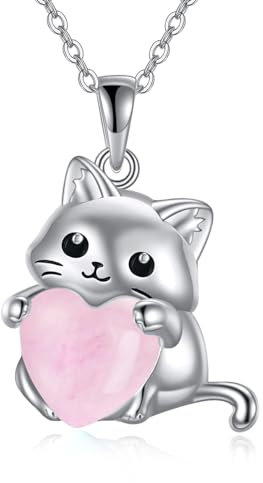YFN Cat Necklace Sterling Silver Rose Quartz Cat Pendant Irish Jewellery Gifts for Women Mother Daughter Sister (rose quartz)