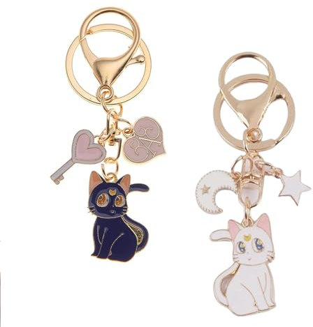 HXHWKEN 2 Stück Sailor Moon Schlüsselanhänger Cartoon Niedlich Magie Katze Schlüsselbund Metall Anime Schlüsselringe für Jungen Mädchen Geburtstagsgeschenk