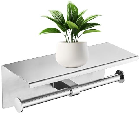 Double Toilet Paper Holder with Phone Shelf Dual Roll Tissue Holder Dispenser Wall Mounted SUS304 Commercial Stainless Steel Roll Holder Storage Cool Bathroom Accessory (Silver)