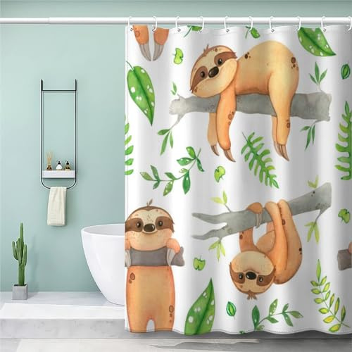 MEVASA Cartoon-Faultier Duschvorhang 200x200 Moderne Mode Duschvorhänge Süßes Faultier Bad Vorhäng 3D Druck Polyester Anti Schimmel Duschvorhang Badewanne Waschbar