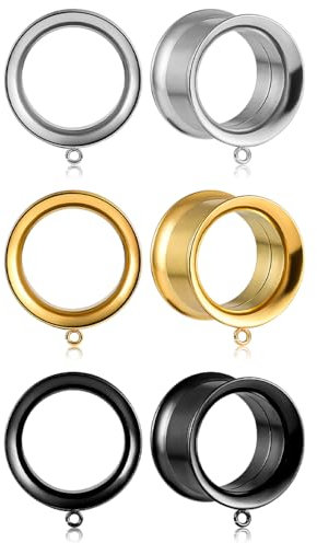 Vankula Ohr Tunnel mit anhänger 6 PCS DIY Double Flared Flesh Plug Edelstahl für männer damen Ohrpiercing Gestreckte Schmuck 12mm(1/2) 6 PCS Schwarz Gold Silber 1