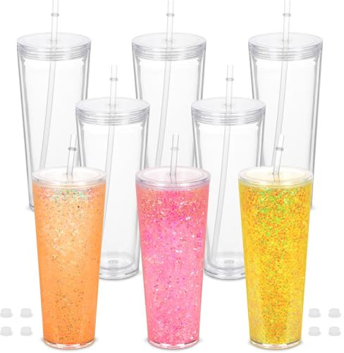 Micellwuu 8 Pack 24 Oz Acrylic Snow Globe Tumblers, Double Wall Insulated Plastic Tumblers with Pre-Drilled Hole, Lids, Straws and Plugs, Reusable Transparent Snow Globe Cups for DIY Glitter