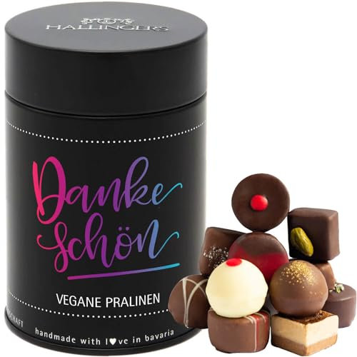 Hallingers Dankeschön - Vegane Manufaktur Pralinen Geschenk handmade teils mit Alkohol aus veganer Schokolade (Dose) - Geschenk im Sommer & als perfektes Grillgeschenk | Geburtstag Glückwunsch Danke J