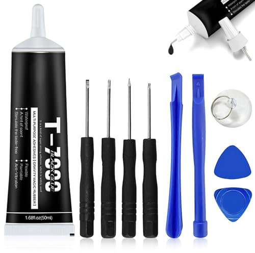 T7000 Super Glue,Phone Glue,Phone Screen Glue,Black Super Glue,Display Glue,High Performance Waterproof,Multi-Function Adhesive for Phone Jewelry Glass Wood Metal Fabric Crafts (50ml with Tools × 9)