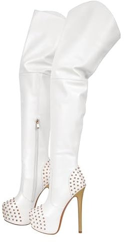 blingqueen Plateau Overknee Stiletto Damen Stiefel mit Verzierten Nieten Platform Zipper Boots Glattoptik Weiß 44 EU