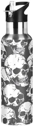 JUMBEAR Bouteille d'eau isotherme en acier inoxydable étanche avec couvercle à paille - Motif tête de mort mignonne - 1 000 ml