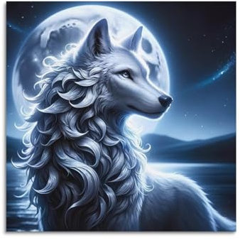 GLMHOK Tier-Poster, mythologische Tierwölfe des Silbermonds, dekoratives Gemälde, Leinwand-Poster, 50 x 50 cm