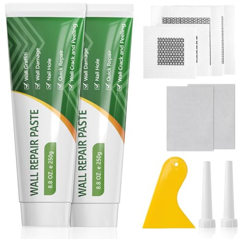Crème Réparation Murale, 2 x 250g Mastic Blanc Intérieur, 4 Patchs Dautocollants Muraux, Enduit de Rebouchage Pâte de Murs pour Réparer Efficacement les Trous, Fissures, Graffitis, Murs