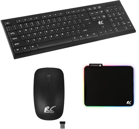 NanoRS Kabellose QWERTY Tastatur + Maus + Mauspad Set | 2,4 GHz, Reichweite: bis zu 10m | Mausauflösung: 1200 DPI | Nano USB-Empfänger | Flaches Design, Batteriebetrieben, Schwarz