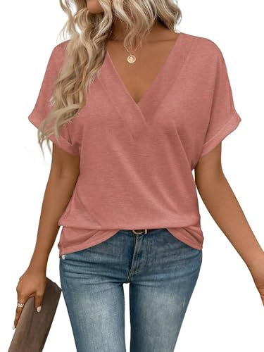 Cuptacc T-Shirt Donna Estive Manica Corta Scollo a V Top Elegante Rilassato Bluse e Camicie da Donna Rosa Scuro, Medium M 38-40