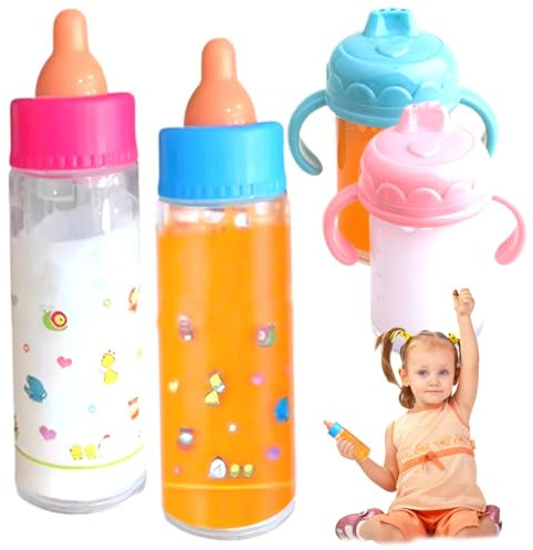 4PCS/Set Baby Doll Bottles Set, Funny Magics Baby Doll Bottles with Disappearing Milk or Juice, Simulation Dolls Accessories for Kids Gifts