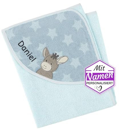 Sterntaler Kapuzenhandtuch mit Namen Bestickt für Baby & Kinder, Junge Badetuch Badehandtuch/Kinder-Badetuch mit Kapuze personalisiert, Esel Emmi 80x80