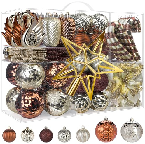 Alupssuc 128 Teiliges Weihnachtskugel Set, 2025 Neues Bruchsicherer Kugeln und Blumen, Ornamente für Weihnachtsbaum, Feiertage, Hochzeiten, Partys mit Haken, Braun und Gold