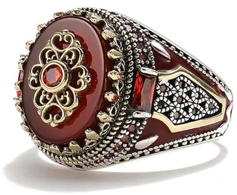 Ring Ringe Damen Bijouterie Herren Retro Handgemachter Türkischer Siegelring Für Männer Frauen Antike Silberfarbe Geschnitzter Adlerring Eingelegter Roter Zirkon Punk Motor Biker Ring